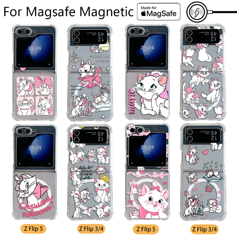 Funny Marie Cat The Aristocats Magsafe Magnetic Phone Case for Samsung Galaxy Z Flip 3 4 Z Flip 5 6 Z 5G Transparent Back Cover