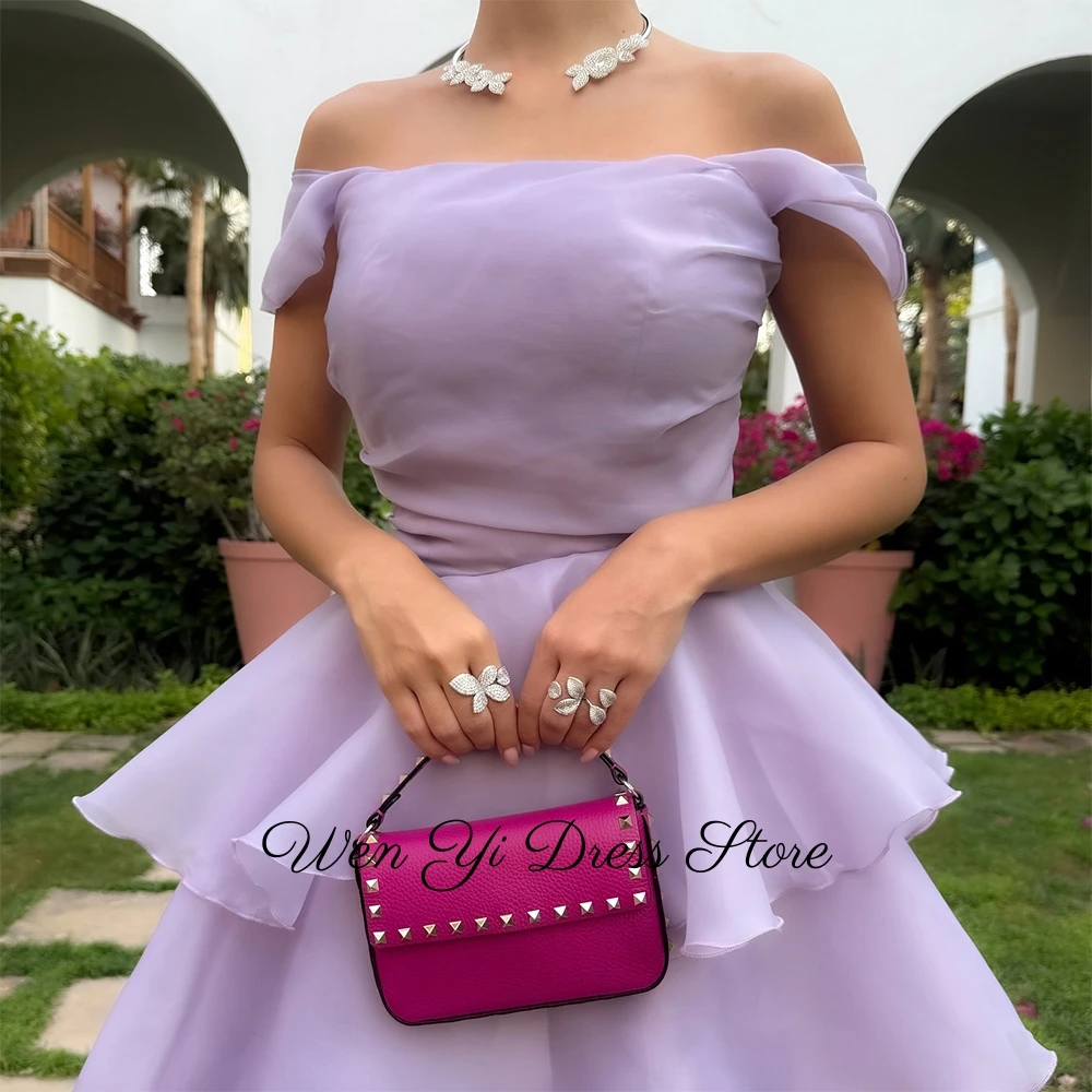 Elegantes lila abgestuftes Organza-Abendkleid, maßgeschneidert, schulterfrei, Heimkehrkleider, Reißverschluss hinten, Kleider für besondere Anlässe