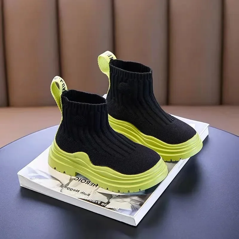 2022 Spring High-Top Boots Kids Sports All-Match Breathable Mesh Knit Shoes