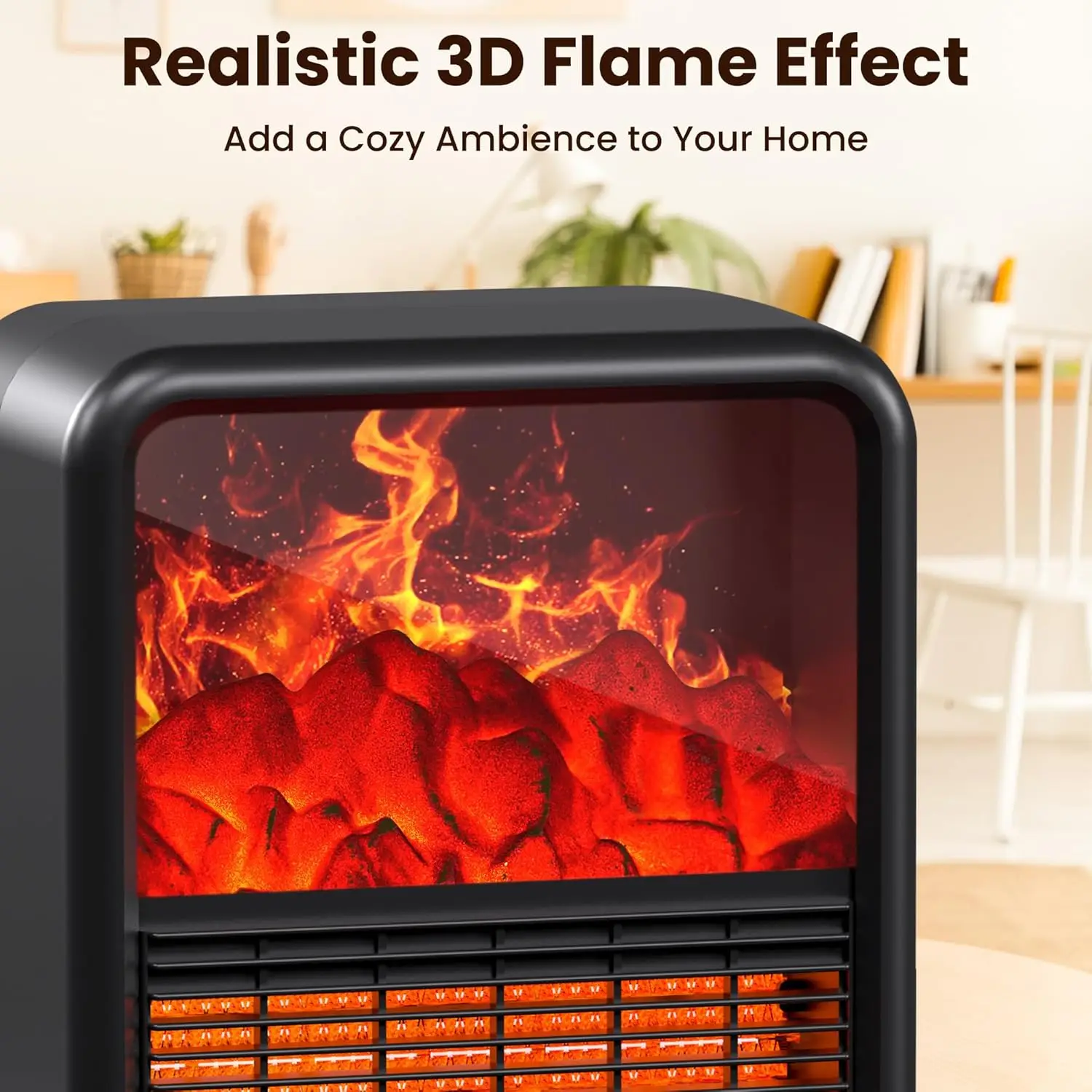 سخان مدفأة داخلي صغير مع لهب ثلاثي الأبعاد، تسخين PTC بقدرة 1500 وات/750 وات، ترموستات وأمان للطرف، أسود #5