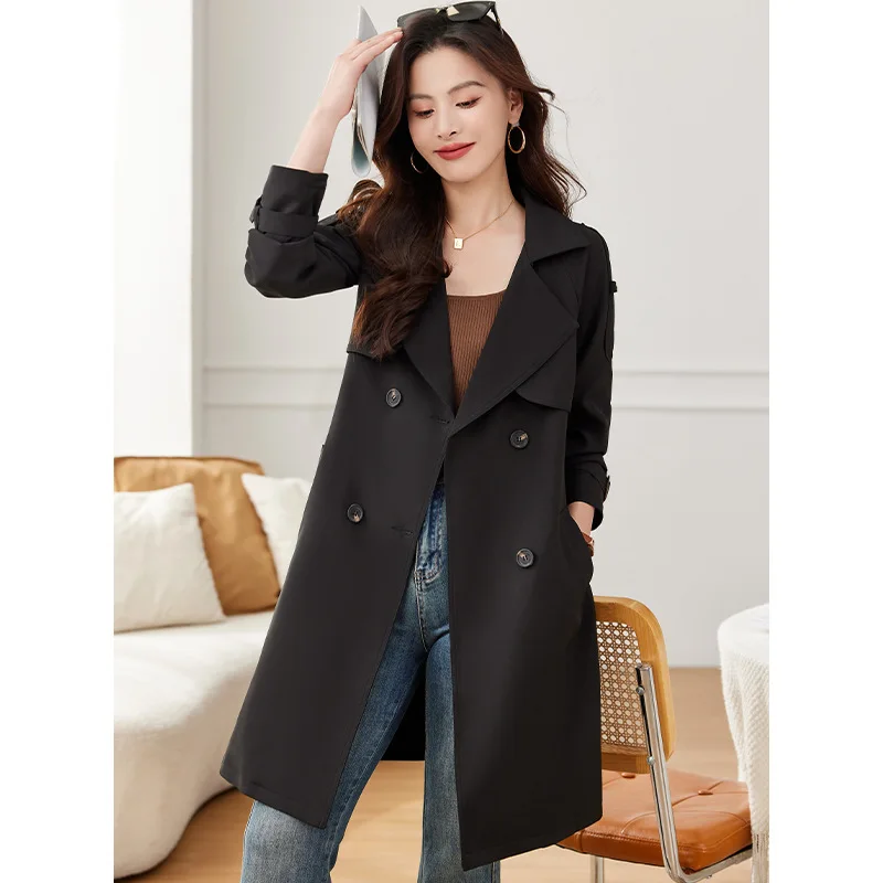 Manteaux longs à Double boutonnage pour femmes, kaki coréen, ceinture à revers, Trench ample, Streetwear, coupe-vent, pardessus de bureau pour dames, automne