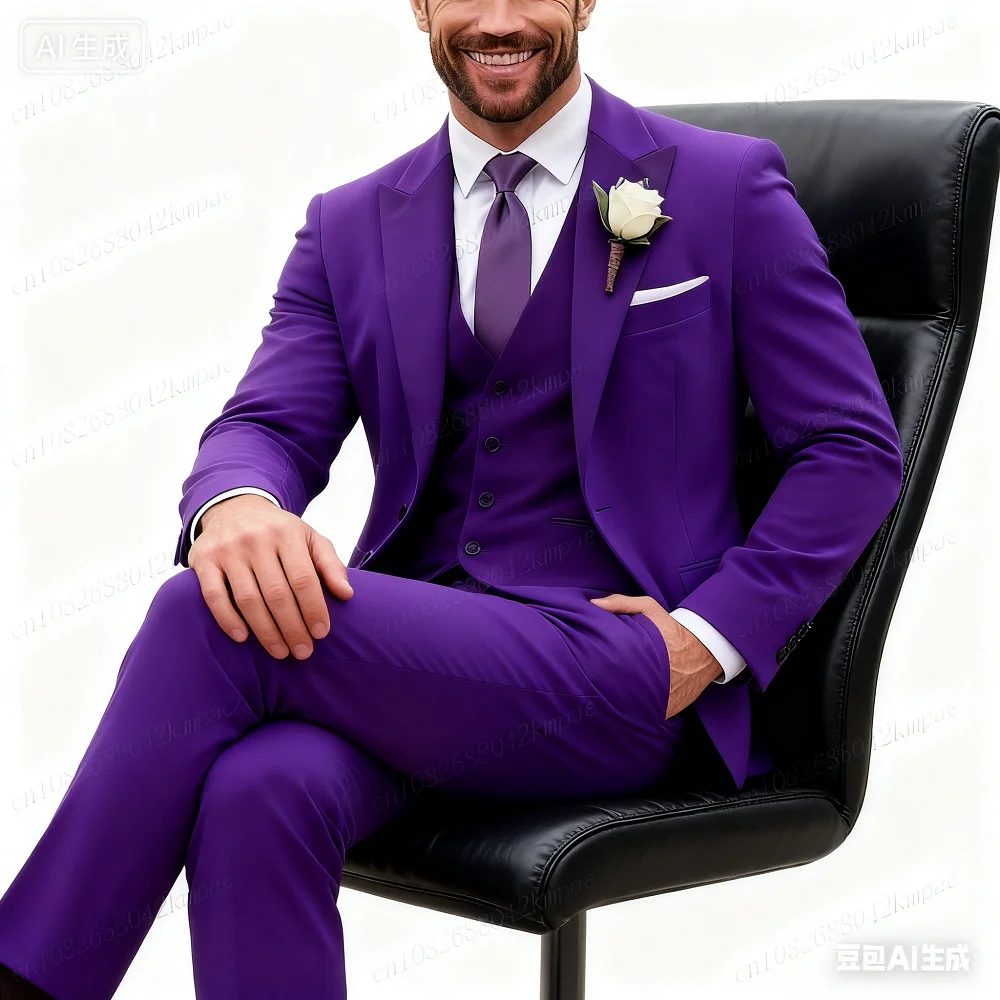 

Men's Formal Purple Velvet Tuxedo 3-Piece Suit Black Wedding Groomsmen Best Man Ceremony Party Ball Smocking for Business