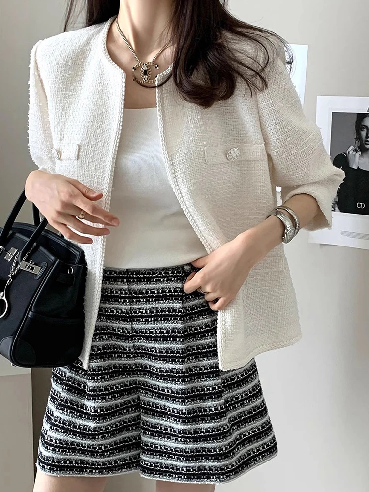 Clothland Women Vintage Tweed White Black Jacket Open Stitch Long Sleeve Coat Casual Retro Top Mujer CB091