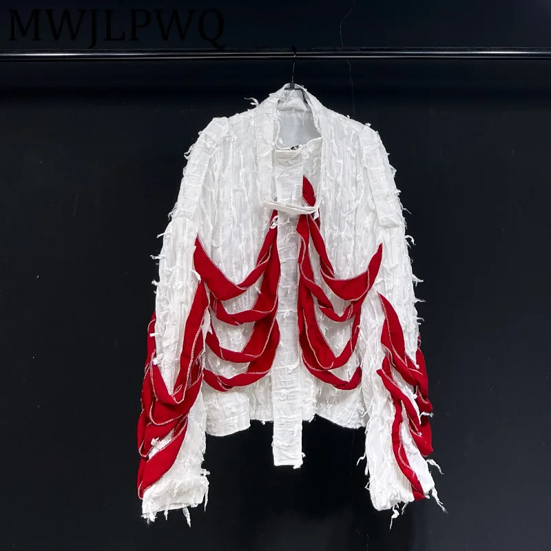 

MWJLPWQ Autumn 2025 New White Street Style Jacket Ribbon Niched Design Long Sleeve Men High Street Unisex Loose Casual Top 11844