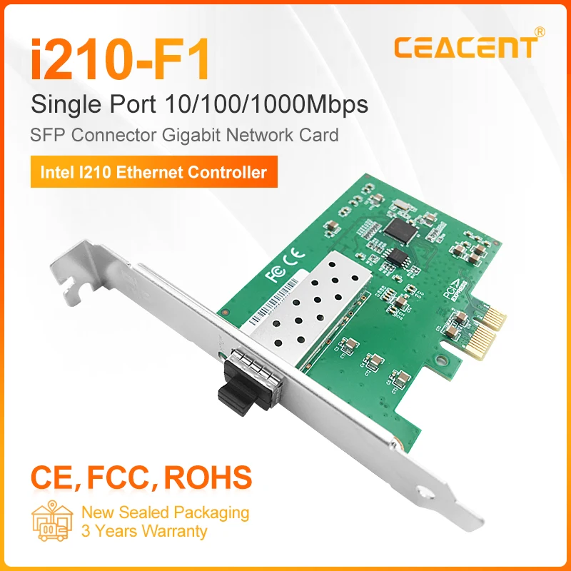 

I210-F1 Intel I210AS Chipset PCI-E x1 1000Mb Lan Card, 1 Port SFP Optical Network Card Low Profile for Server or Desktop