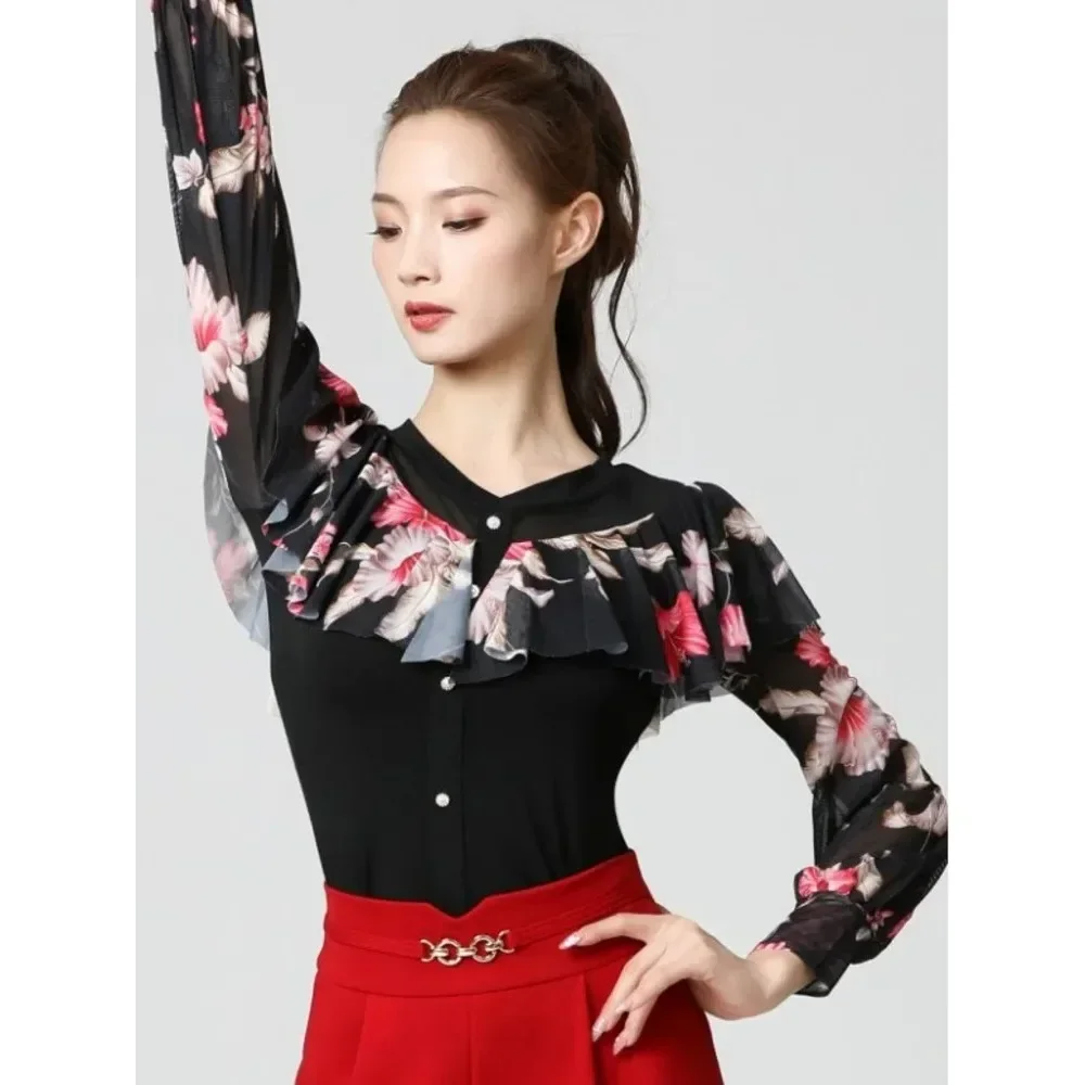 

Elegant Ballroom Dance Graduation Tops Classical Practice Ruffle Ballet Wear Belly Standard Dances Woman Shirt Costume Clothing