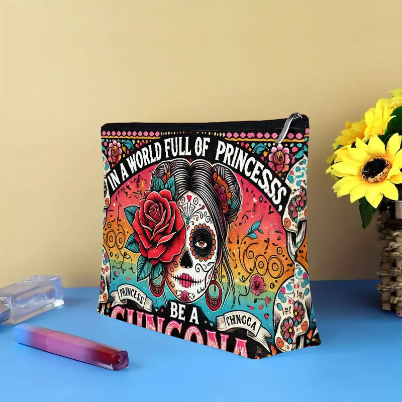 花と頭蓋骨の化粧品バッグ - 女性用のかわいい多機能ジッパーポーチ、ジュエリー収納バッグ