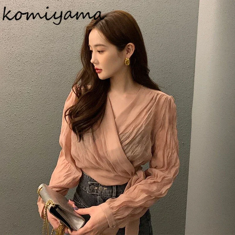 Komiyama V Neck Ruched Blusas Mujer Lace Up Tunic Shirts Blouses Spring Puff Long Sleeve Camisas Aesthetic Fashion Shirt Tops