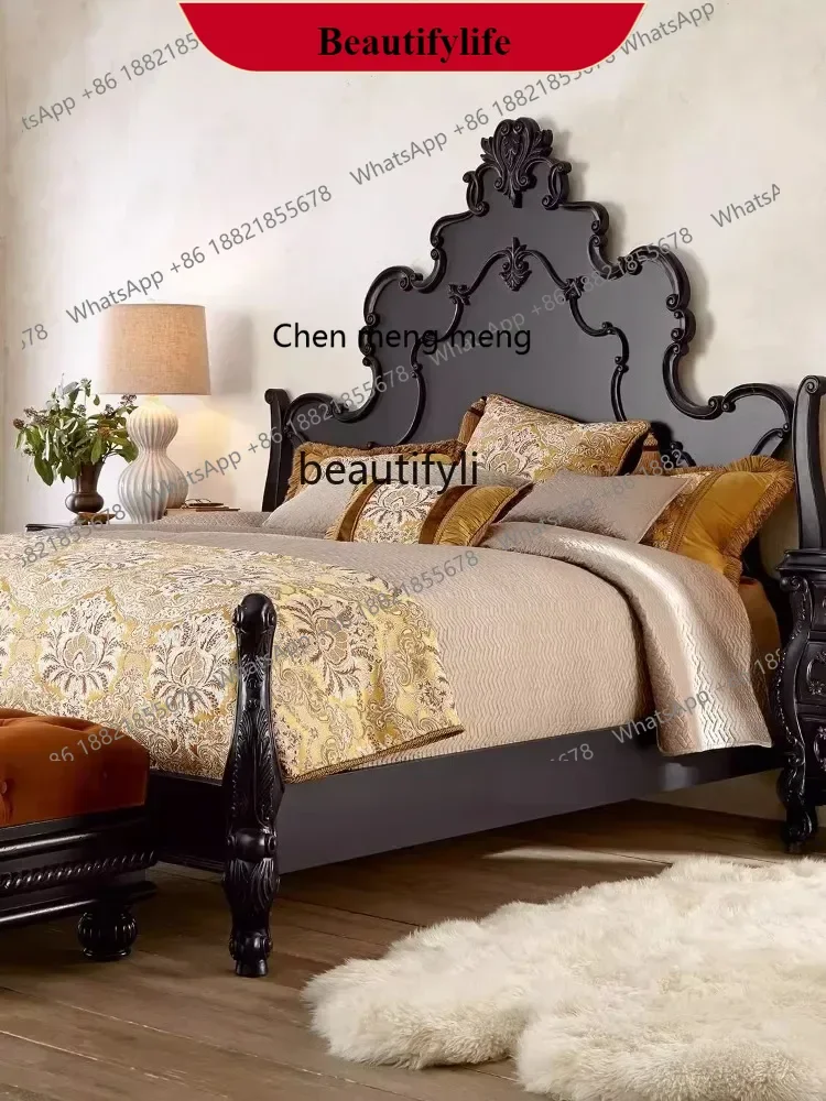 

G153 American Style French Style Wood Frame Carved Simple European Bedroom Double Bed Vintage Distressed Black and White