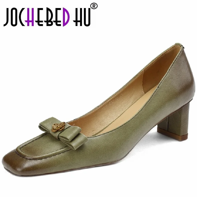 【JOCHEBED hu】 damskie modne buty z prawdziwej skóry grube obcasy ozdoby metalowe czółenka eleganckie wysokie obcasy buty damskie 33-40