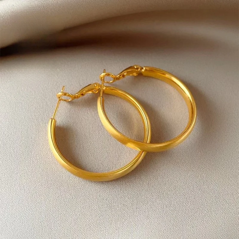 Luxury 100% Real 24K Gold Brushed Matte Plain Hoop Earrings For Women New Statement Minimalist Chic Earrings
