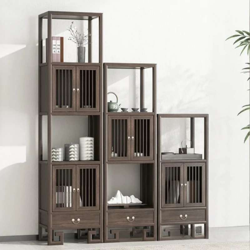 New Chinese bookshelf Zen solid wood combination shelf wood display high and low