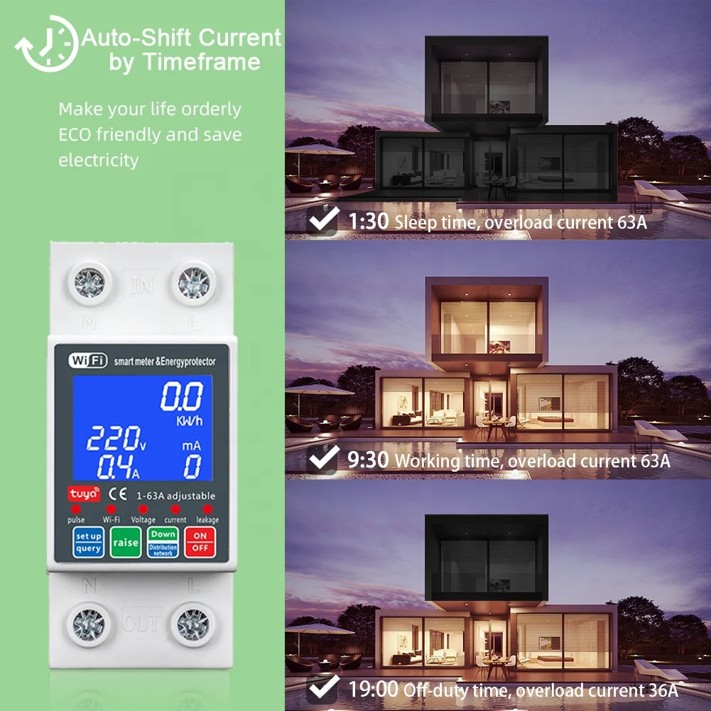 RMshebei Tuya Smart Home Switch 63A 2P MCB Circuit Breaker WiFi PV Metering 220V Voltage Protector Remote Control Din Metering