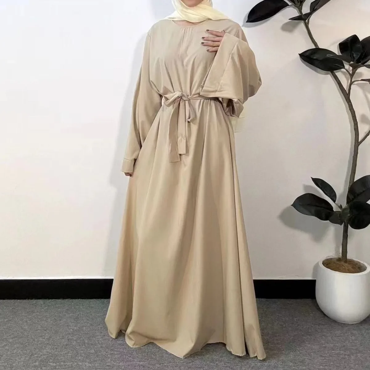 Muslim Abayas Loose Kaftans Prayer Ramadan Dress With Belt Full Sleeve Islamic Clothing Women Jilbabs Dubai Robe Dresses