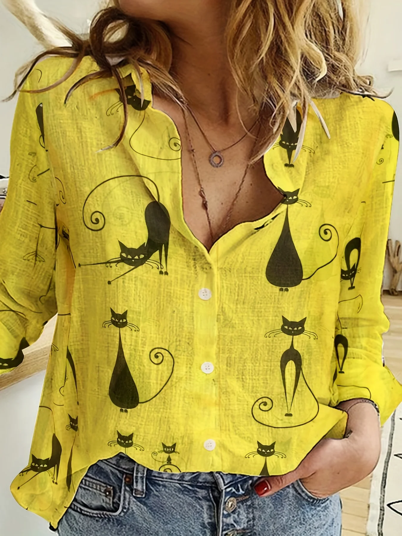 Butterfly print button front shirt, spring and fall linen casual long sleeve shirt, womenswear