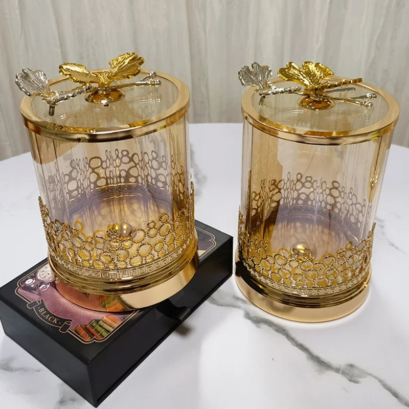 Gold-plated Butterfly Candy Jar Glass Jewelry Box Hollow Art Flower Arrangement Fruit Nut Sundries Storage Jar Home Decoration