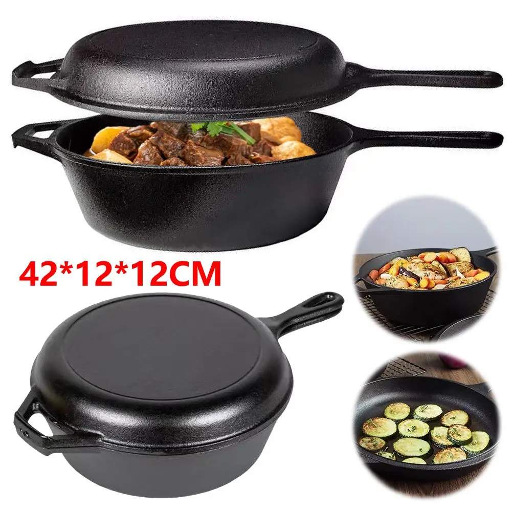 2 in 1 Cast Iron Dutch Oven with Skillet Lid Dutch Oven Pot with Dual Handles for Bread Frying Baking Camping BBQ Cookware Pan