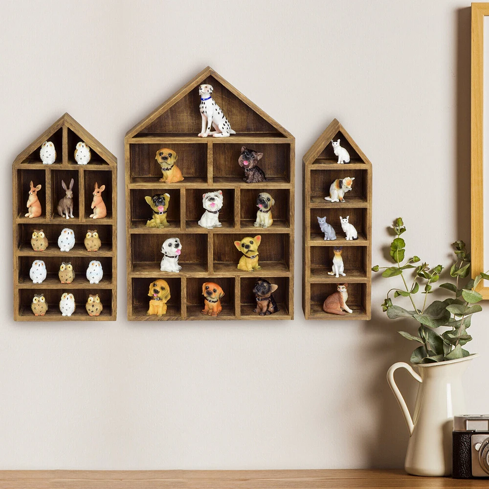Set of 3 House Shaped Wooden Display Shelves Burnt Wood Finish Wall Mounted Compartment Storage Rack Mini Figurine Blind Box Figure Collectibles Organizer