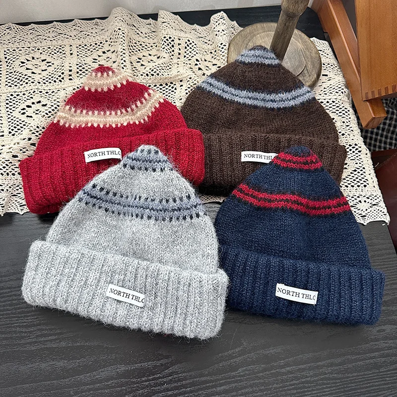 Korean Fashion Striped Knitted Beanie Caps for Women's Autumn and Winter New Style Outdoor Warm Retro Color Blocked Pacifier Hat