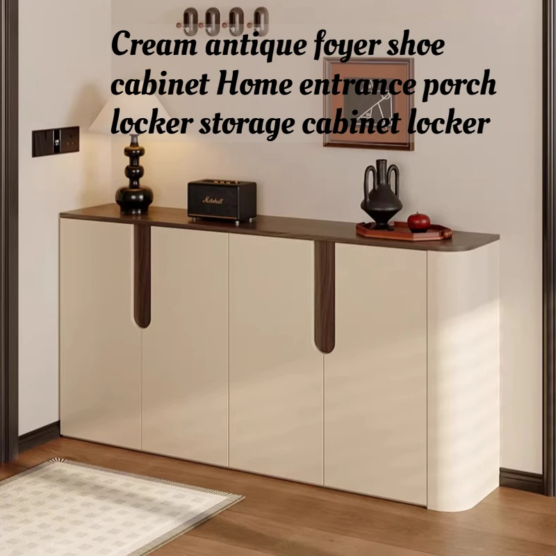 

Cream Vintage Style Hallway Shoe Cabinet Entryway Storage Curved Cabinet Hall Furniture Home Organizer Narrow Space Saving Doors