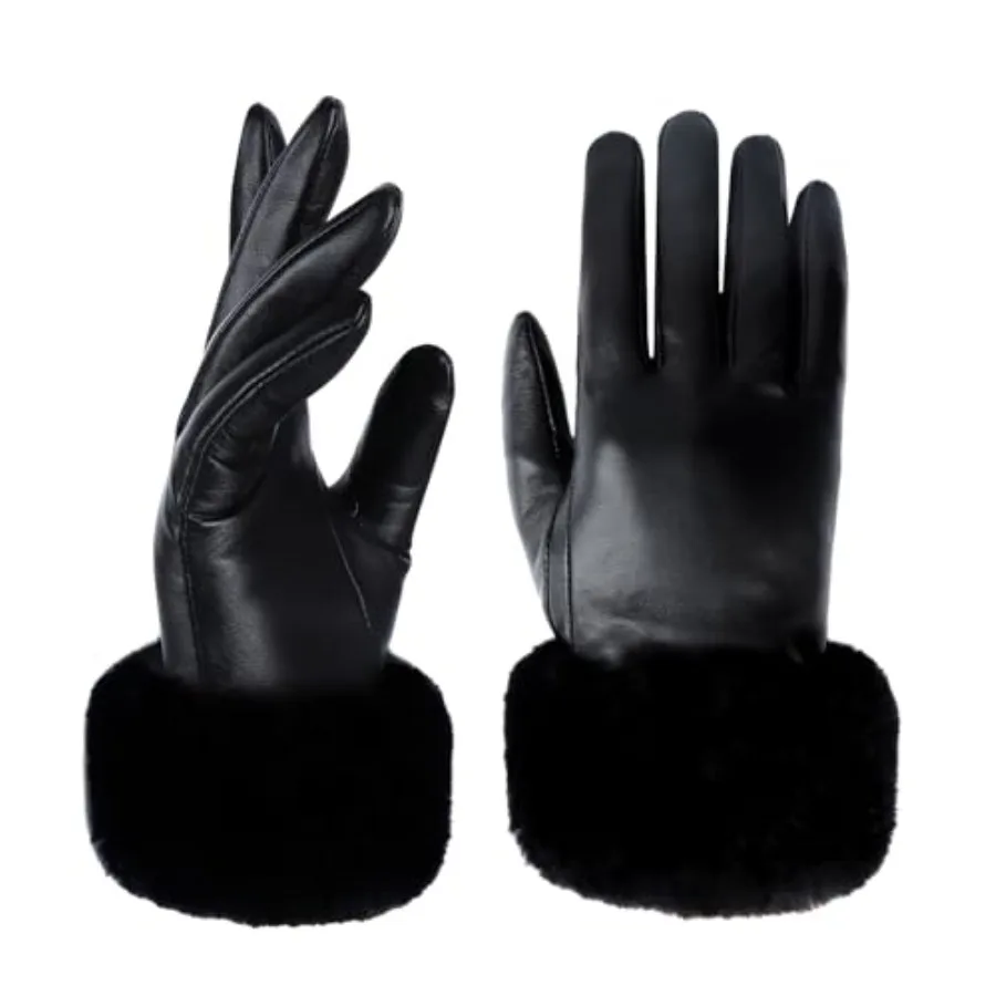 Yicorgard Women Fur Leather Gloves Winter Warm Gloves Black Rabbit Fur Cuff Touchscreen Driving Gloves