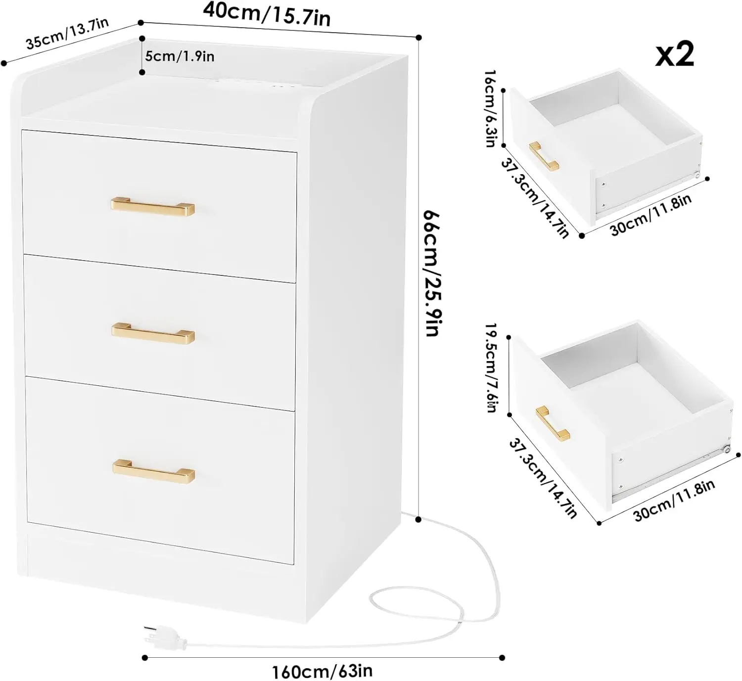 FOTOSOK White Nightstand with Charging Station, 3 Drawer Nightstand with Gold Handles, White Nightstand for Bedroom,