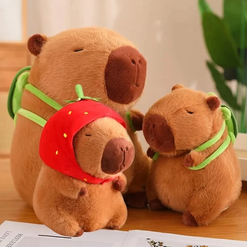 23cm Turtle Backpack Capibara Plushies Kawaii Strawberry Hat Capybara Plush Toys Simulation Stuffed Animals Kids Birthday Gifts