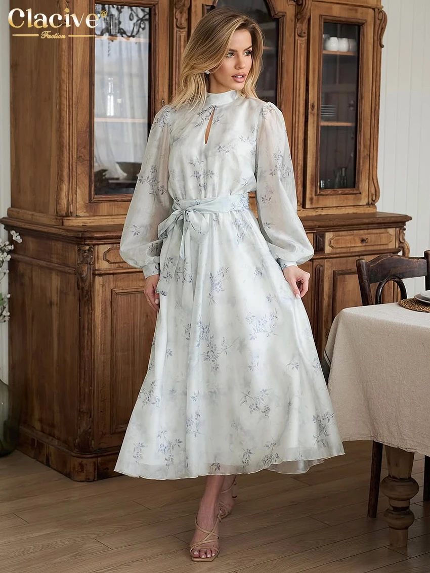 

Clacive Fashion Loose Print Women's Dress Spring Stand Collar Lantern Sleeve Ankle Length Dresses Elegant Lace-Up Female Dress
