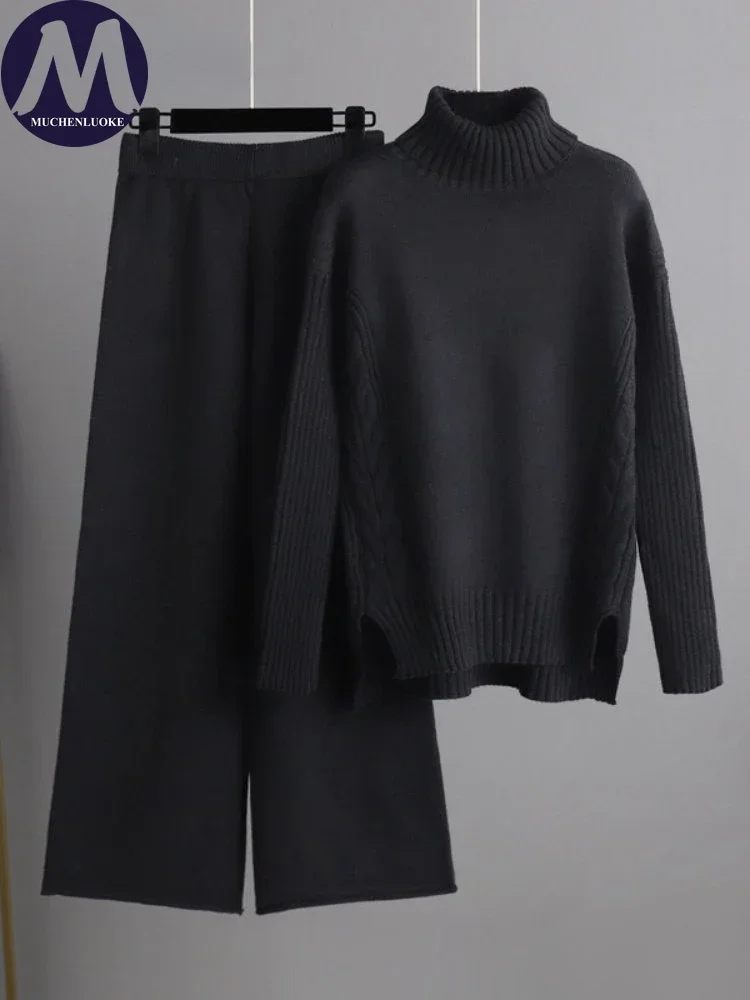 Set Dua Potong untuk Wanita 2025 Musim Gugur/Musim Dingin Set Sweter Pullover Kerah Tinggi Rajutan Baru Set Celana Kaki Lebar Longgar Kasual Fashion