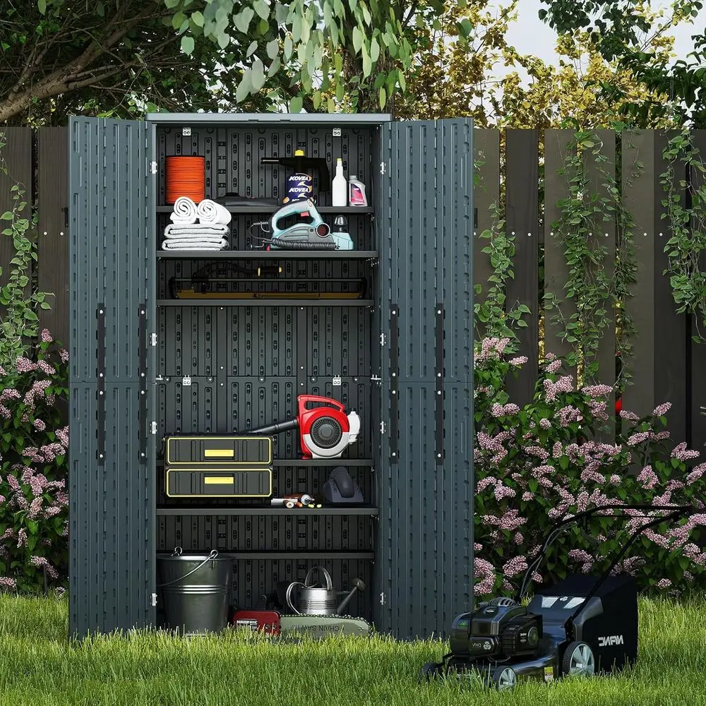 

Grey Vertical Resin Storage Shed with Lockable Double Doors, 30 Cubic Feet Capacity, 4-Tier Tall Cabinet, Weatherproof Multi-Wal