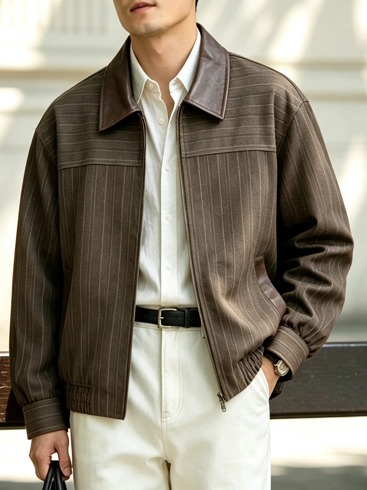 Men's Brown Striped Jacket Casual Collar Leather Splicing Vertical Stripes Top Autumn New Style Standard Fit Polyester Fiber