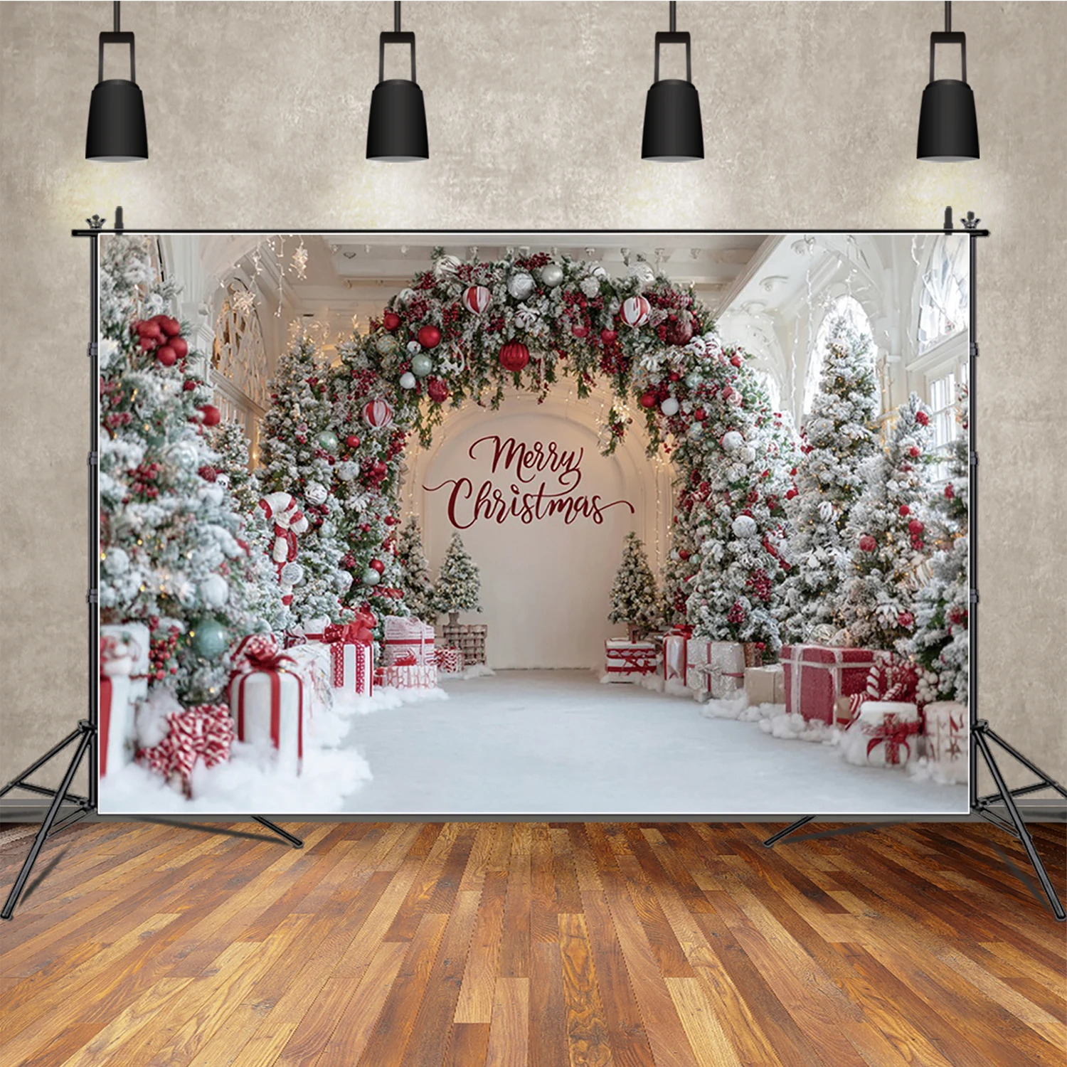 

MOON.QG Merry Christmas Photography Backdrop Birthday Red Gifts Arch Way Trees Pine Background Decoration Banner Family Studio