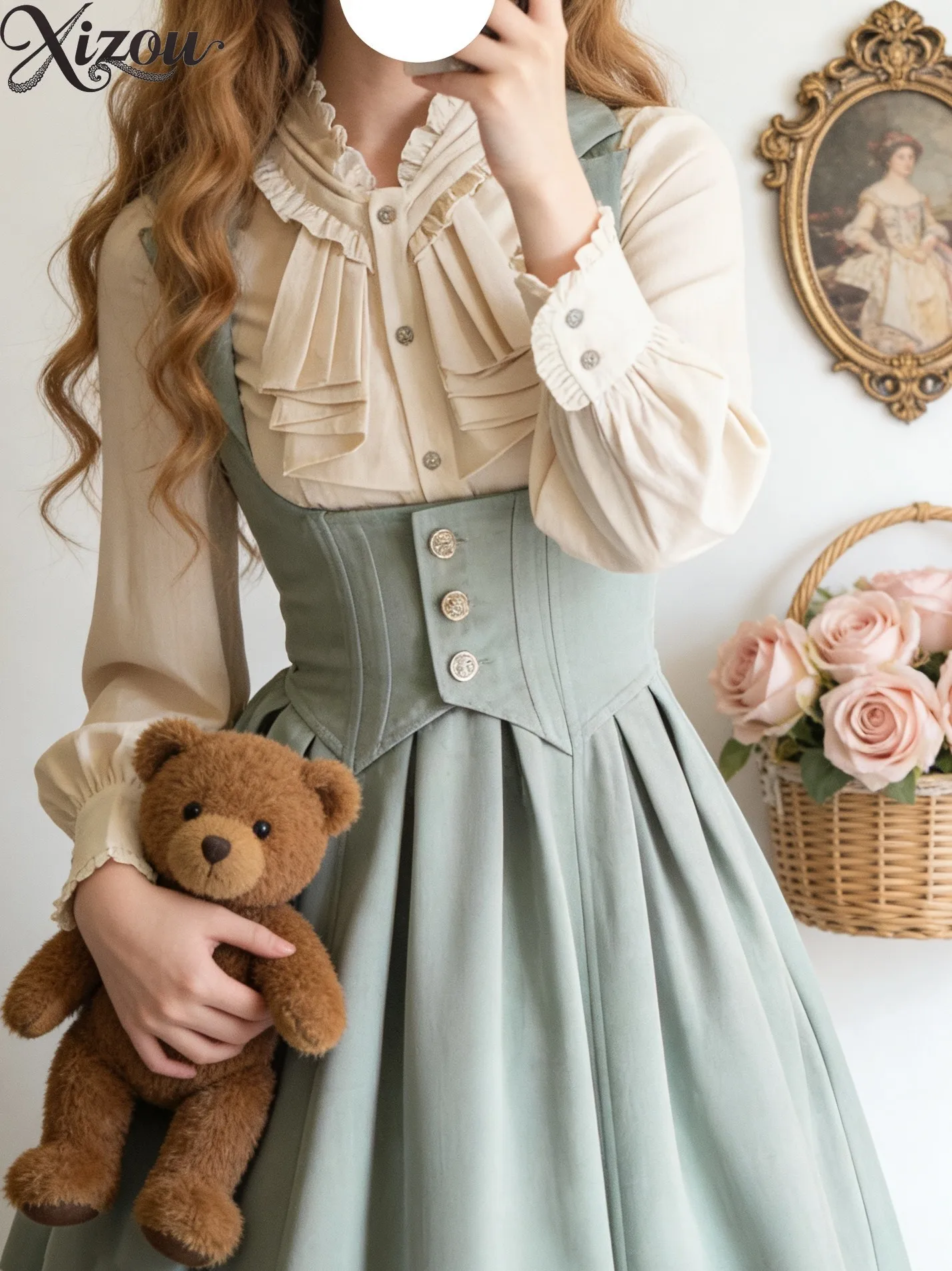 Medieval Victorian Lolita Two-Piece Outfit Ruffle Long Sleeve Inner Shirt High Waist A-Line Bustier Dress Retro Court Party