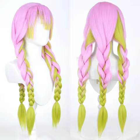 Anime Demon Slayer Kanroji Mitsuri Cosplay Green Mix Pink Long Wig
