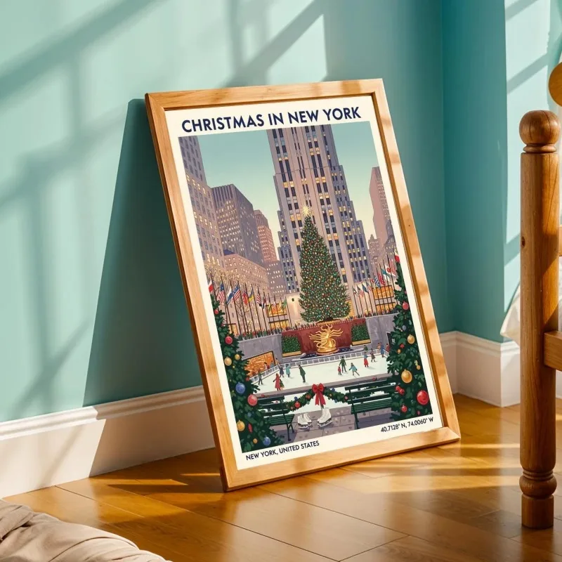 Vintage Christmas in New York Travel Canvas Wall Art Retro City Skating Plaza Scene Festive Wall Print Unframed Canvas Poster