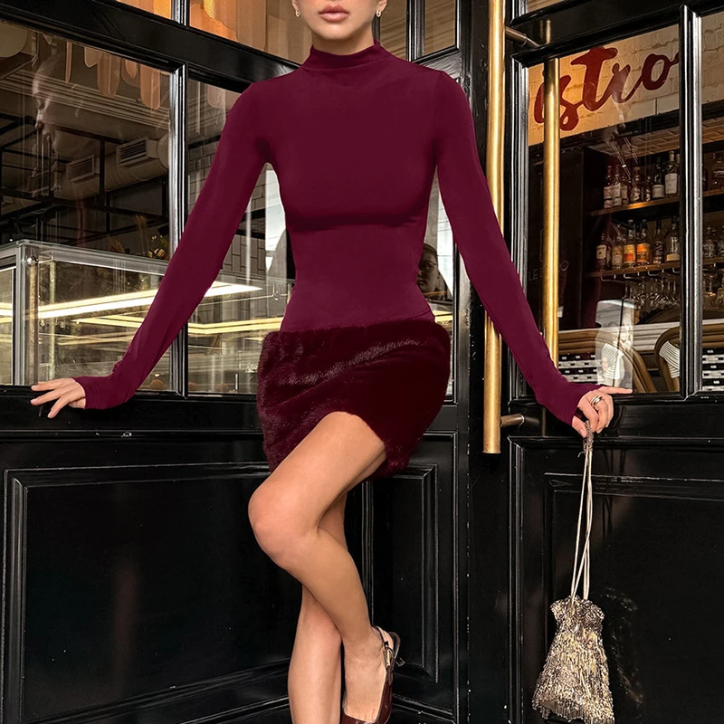 الخريف الشتاء النبيذ الأحمر سليم تقسم الفراء فستان قصير أنيق عالية طوق كم طويل التفاف الوركين فستان مزاجه التنقل