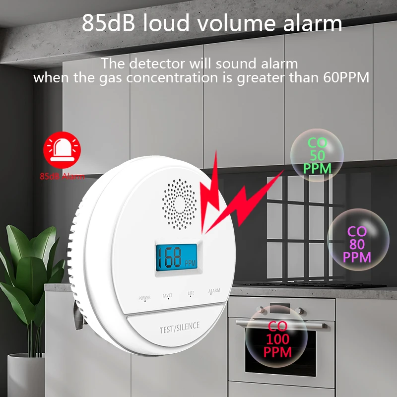 CO Sensor Wireless 433MHz LCD Work Alone Built In 85dB Siren Sound Independent Carbon Monoxide Poisoning Warning Alarm Detector