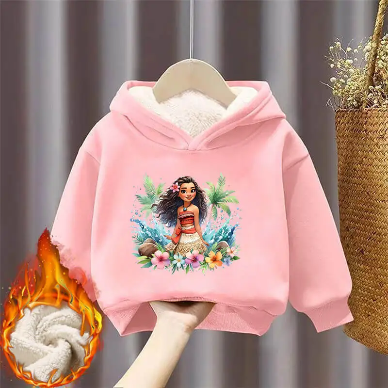 Moana Children Hoodie Thicken Warm Disney Cartoon Fleecing Sweatshirt Pink Tops Winter Girls Hoody Clothes Birthday Gifts