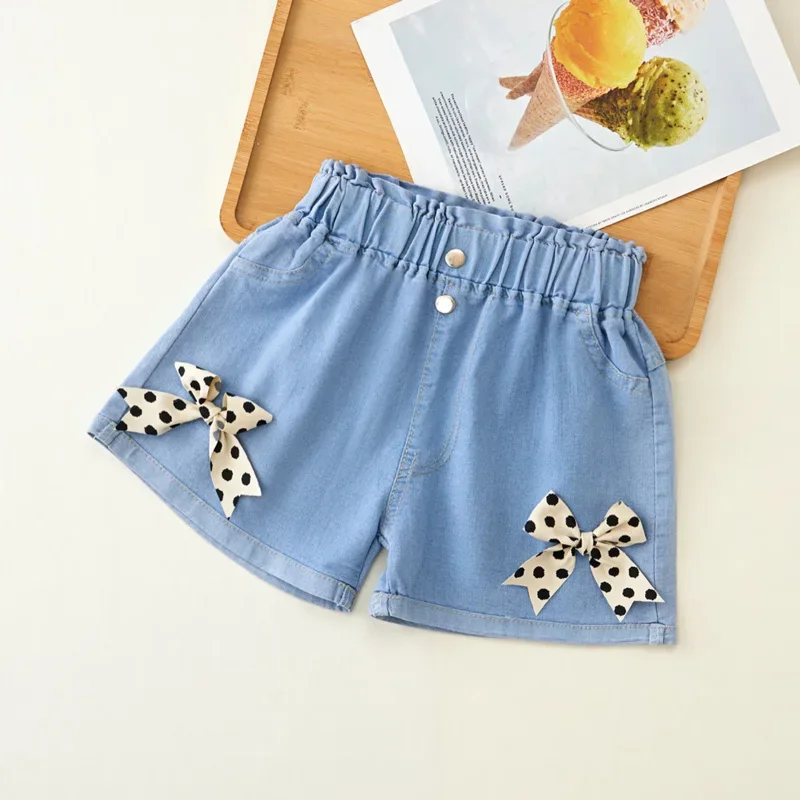 

Denim Summer Girls Polka Dot Bow Soft Shorts Jeans Teen Girls Casual Shorts Kids Shorts Children Clothes 3-10Year