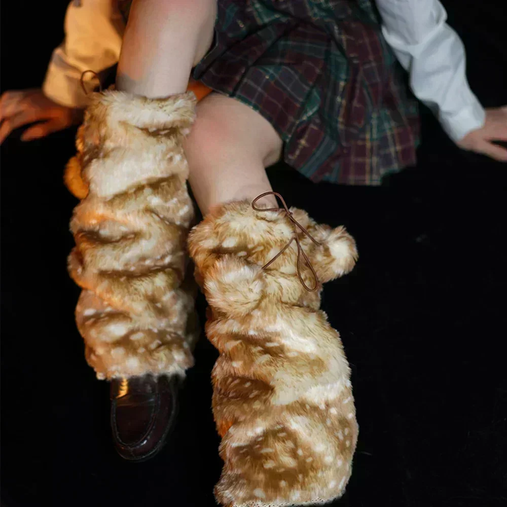 Zimowe sztuczne futro pluszowe renifery ocieplacze na nogi Kawaii futrzane buty skarpetki pokrywa Gothic Punk wysokie buty skarpetki wydajność kostium