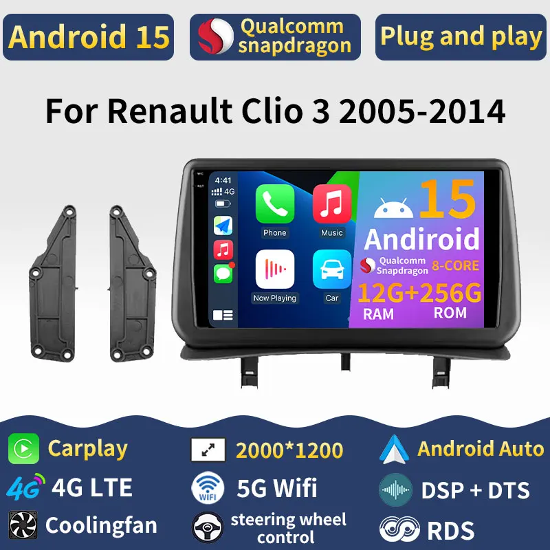 Android 15 Carplay For Renault Clio 3 2005 2006 2007-2014 Car Radio BT Video DSP Navigation Head Unit 360 Camera Stereo GPS WIFI