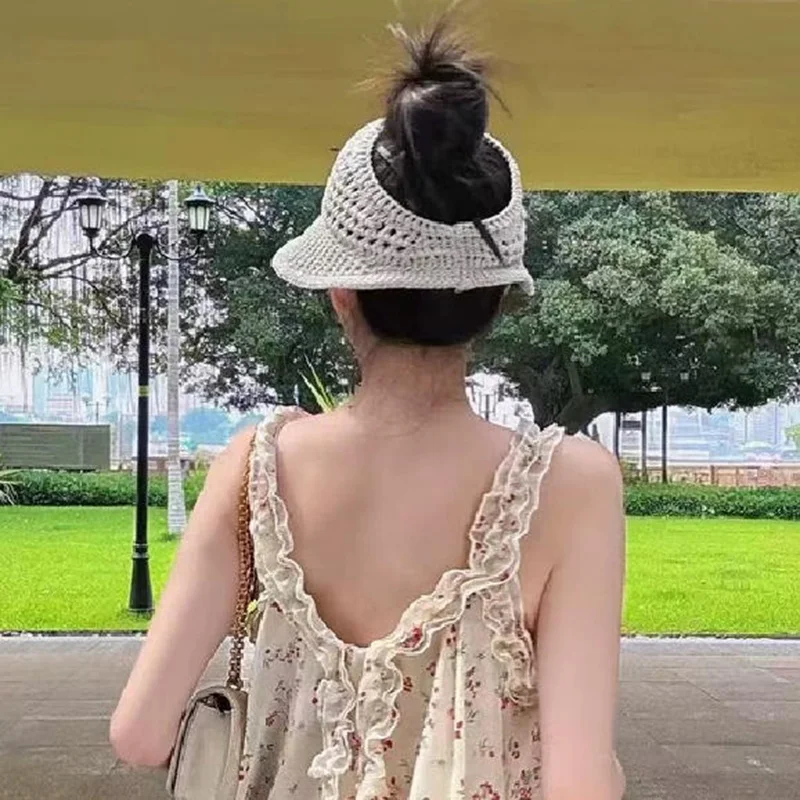Korean-Style Women's Open-Top Sun Hat Summer Outdoor Breathable Design Face Slimming Hollow Sun Protection Hat