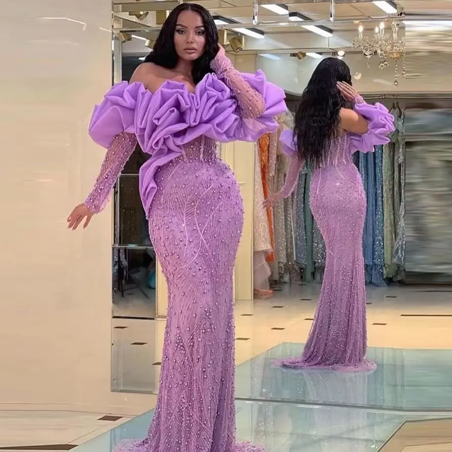 

Beaded Off-The-Shoulder Prom Dress with Ruched Detail Long Sleeves Lace Evening Gown Floor-Length Women's Formal Party Dress