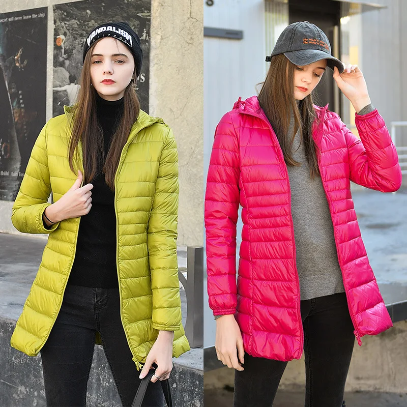 Abrigo largo y cálido de plumón para mujer, con bolsa de almacenamiento portátil. Chaqueta ligera de plumón para mujer, abrigos de invierno para dama, largo hasta la cadera, estilo urbano.