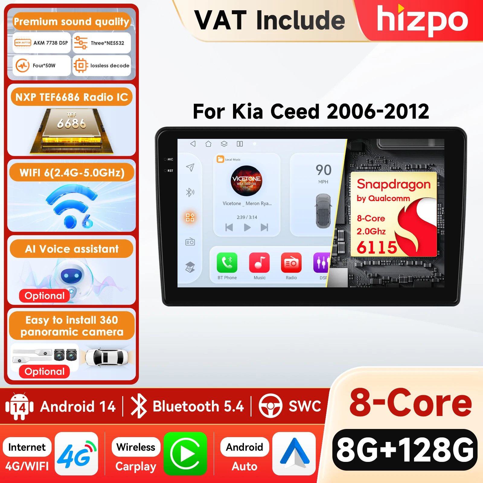 Autoradio Hizpo 9" 6115 Android 14 pour Kia Ceed 2006-2012, lecteur multimédia, Carplay, 4G, WIFI, GPS, BT, caméra 360°, écran intelligent AI
