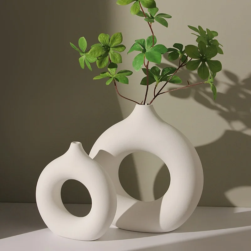 1 peça de imitação de cerâmica vaso branco puro decoração vaso decoração donut padrão vaso de flores design de mesa decoração sentido