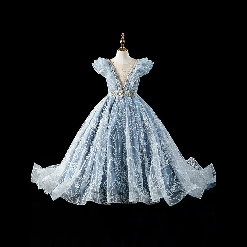 Kids Pageant Evening Gowns Lace Flower Girl Sequins Dress Weddings Birthday Party Robe For Girls First Communion Dresses