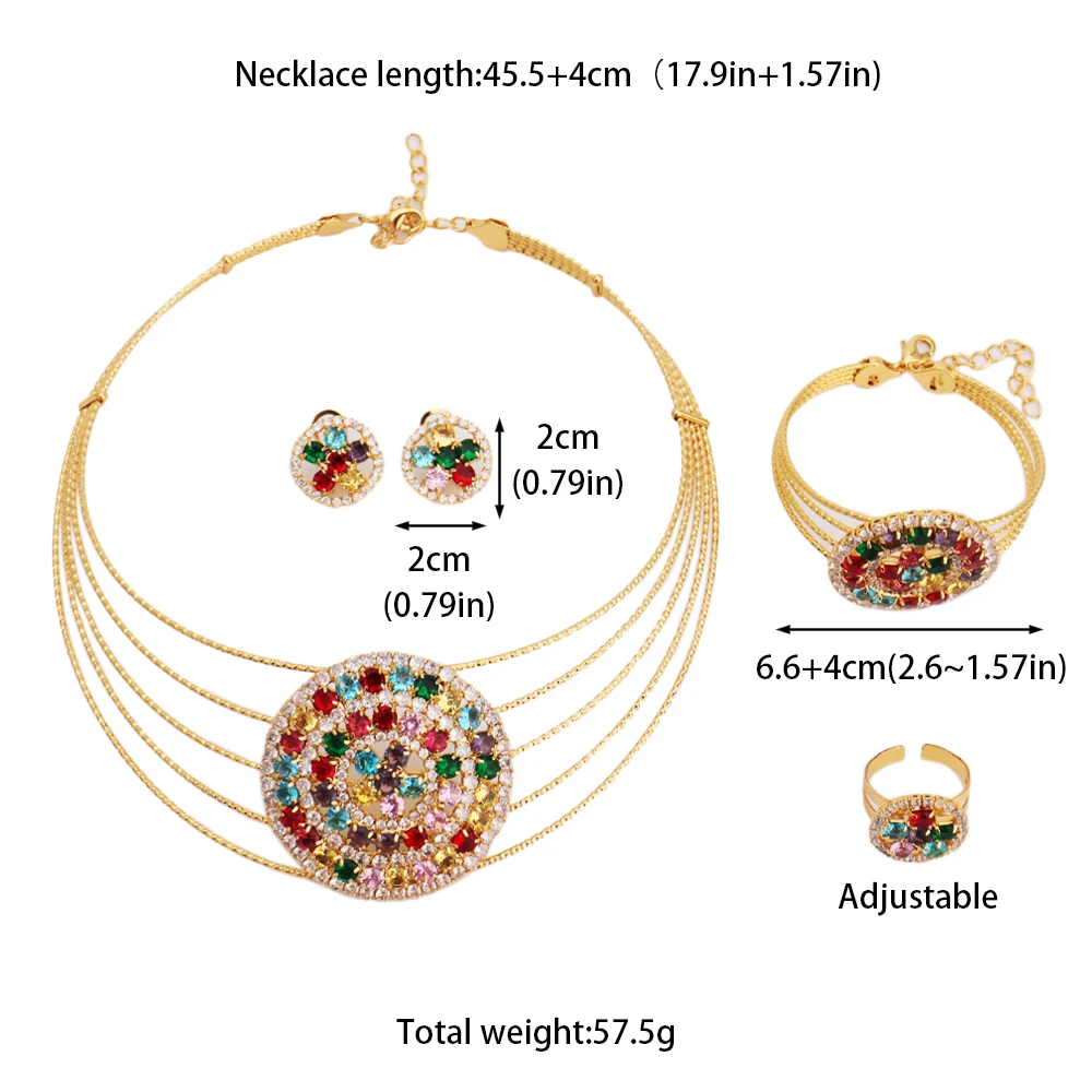 Arab Luxury Women Gold Color Necklace Earrings Bangle Ring Set Hollowed out Colorful Zircon Jewelry Set For Party Easter Gift