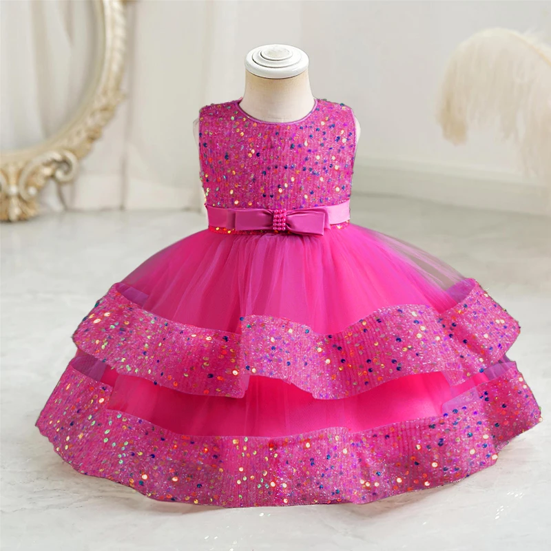 Toddler Baby Sequin Party Dresses Baptism Wedding 1 Year Birthday Bow Princess Dress for Baby Girls Lace Bridemaid Gown Vestidos