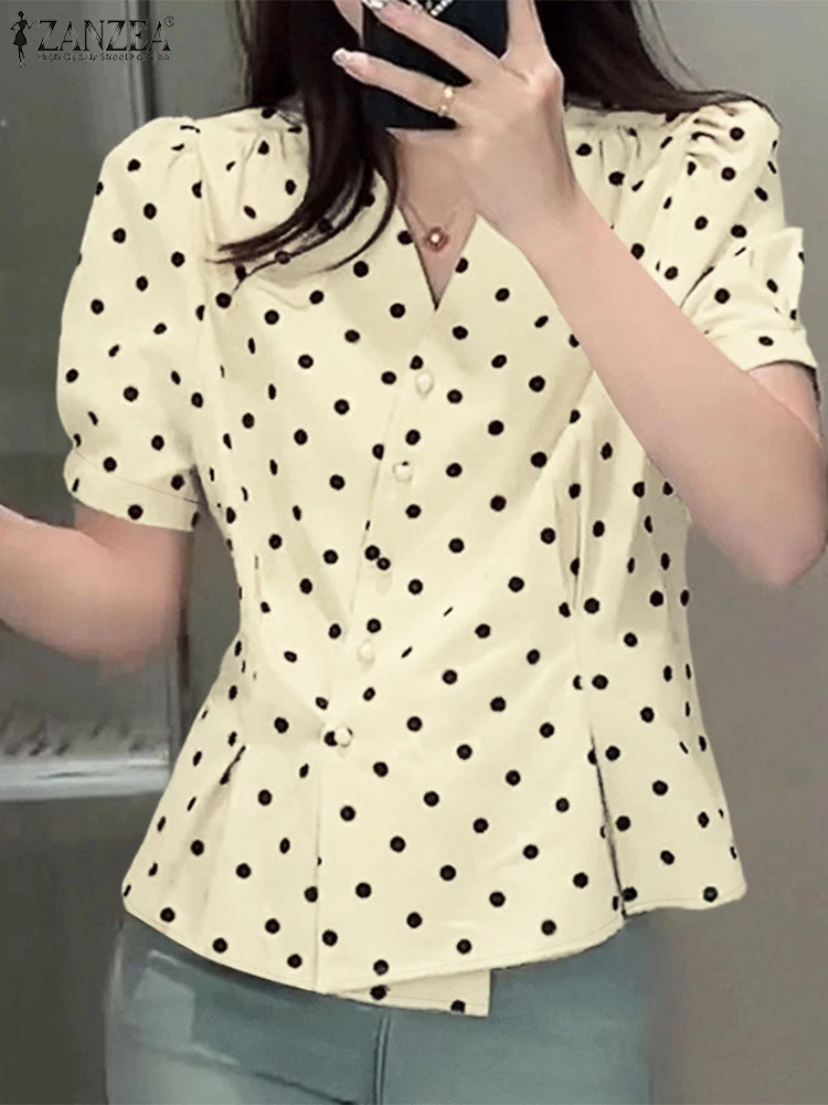

ZANZEA 2025 Summer Polka Dots Women Blouses Stylish Shirt Elegant Short Puff Sleeve Slim Fit Tunic Tops Casual Work OL Blusas